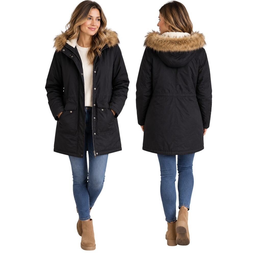 Levi’s Women’s Black Sherpa Lined Parka Coat Faux Fur Hood Large